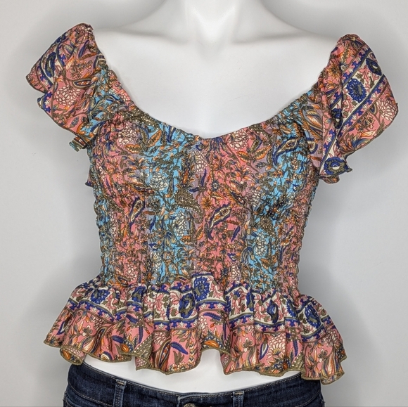 Jessica Taylor Pink Blue Colorful Smocked Ruffle Peplum Silk Top - Picture 1 of 8